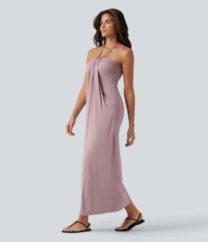 Trovehand Hourglass Bodycon Halter Tie Maxi Dress with Pockets