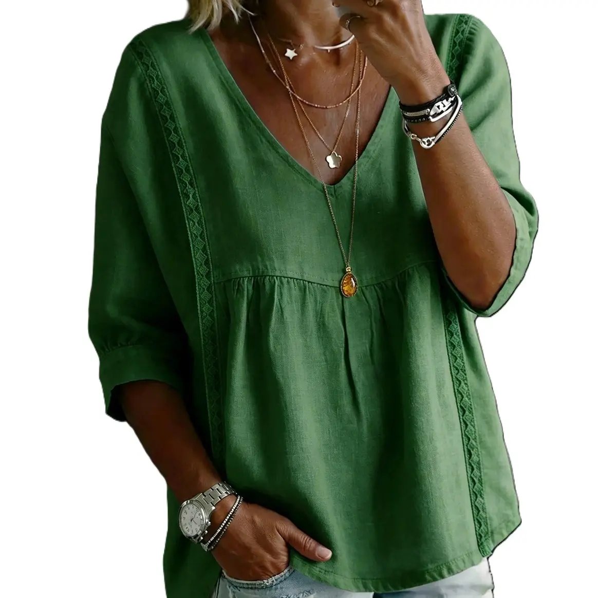 Women's Chic Loose-Fit V-Neck Lace Blouse