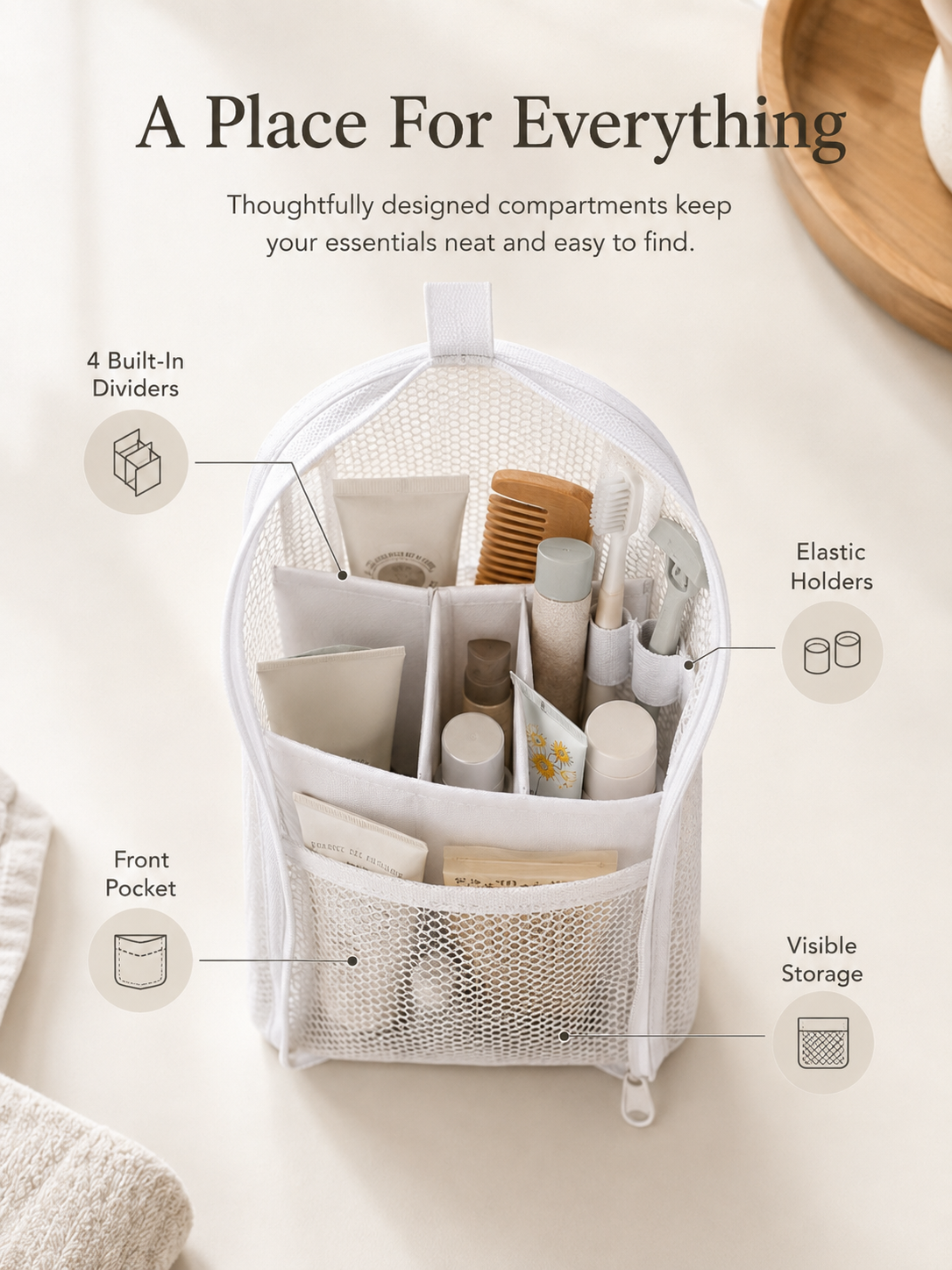 Self-standing toiletry pouch with four dividers and elastic holders