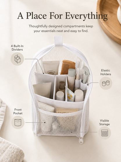 Self-standing toiletry pouch with four dividers and elastic holders