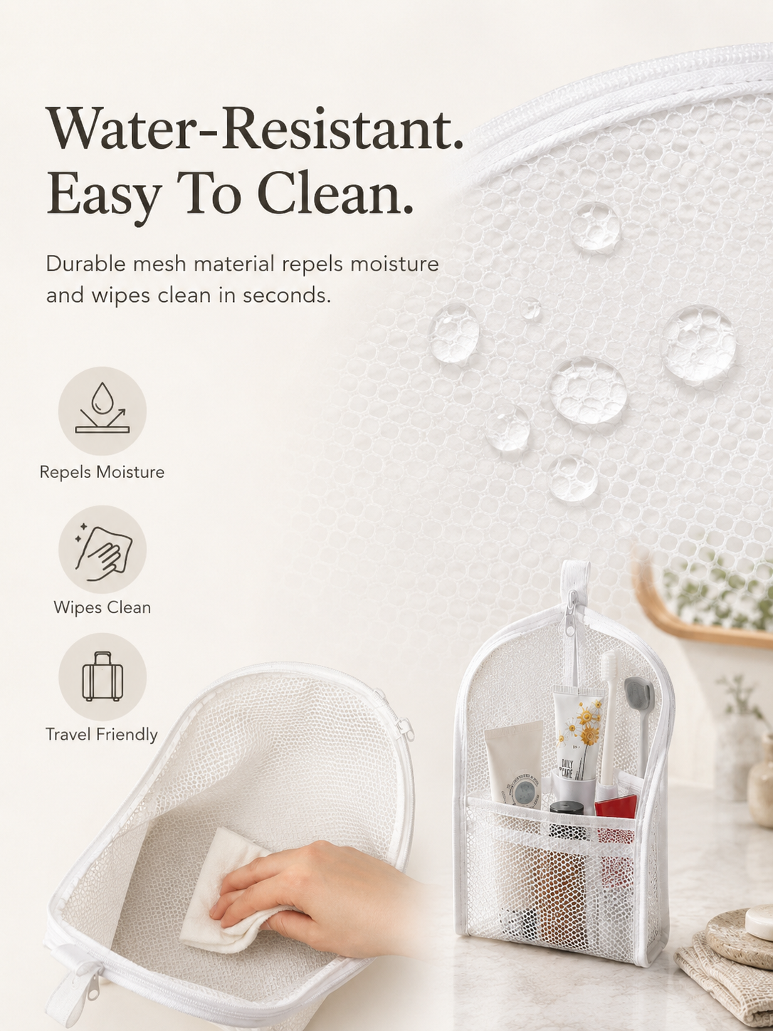 Water-resistant travel toiletry pouch with easy-clean surface