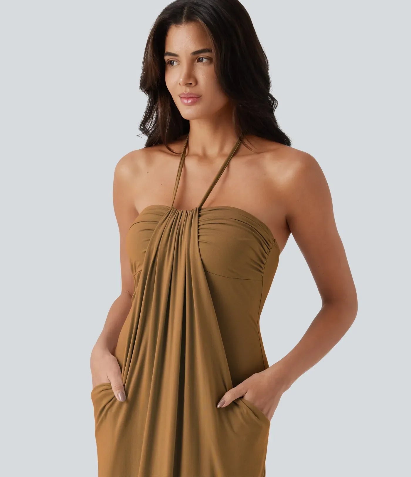 Trovehand Hourglass Bodycon Halter Tie Maxi Dress with Pockets