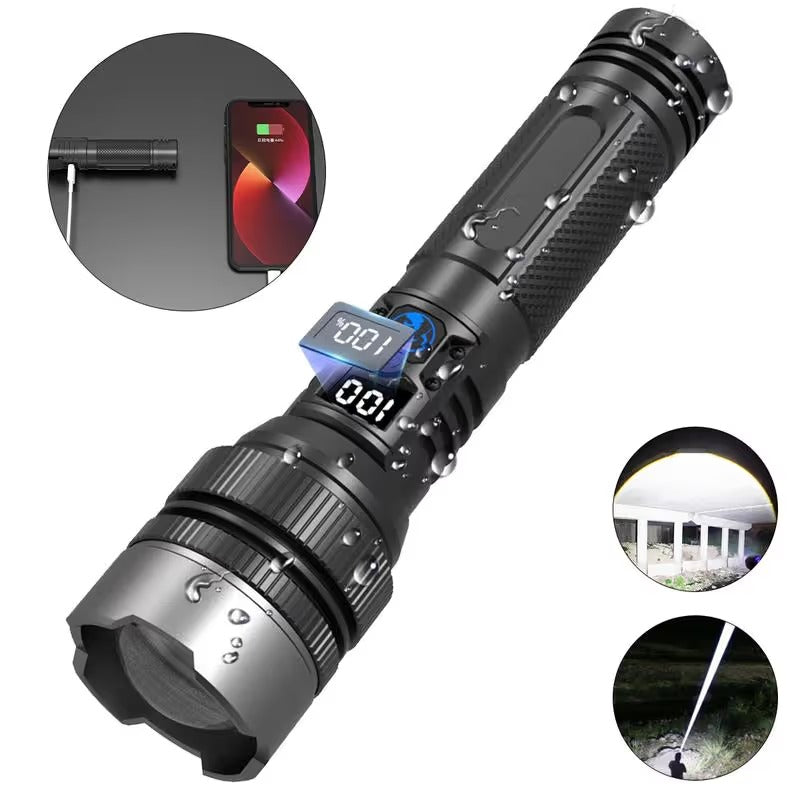 🔦 High-Power Rechargeable Zoom Flashlight – 2000LM, Power Bank & Digital Battery Display