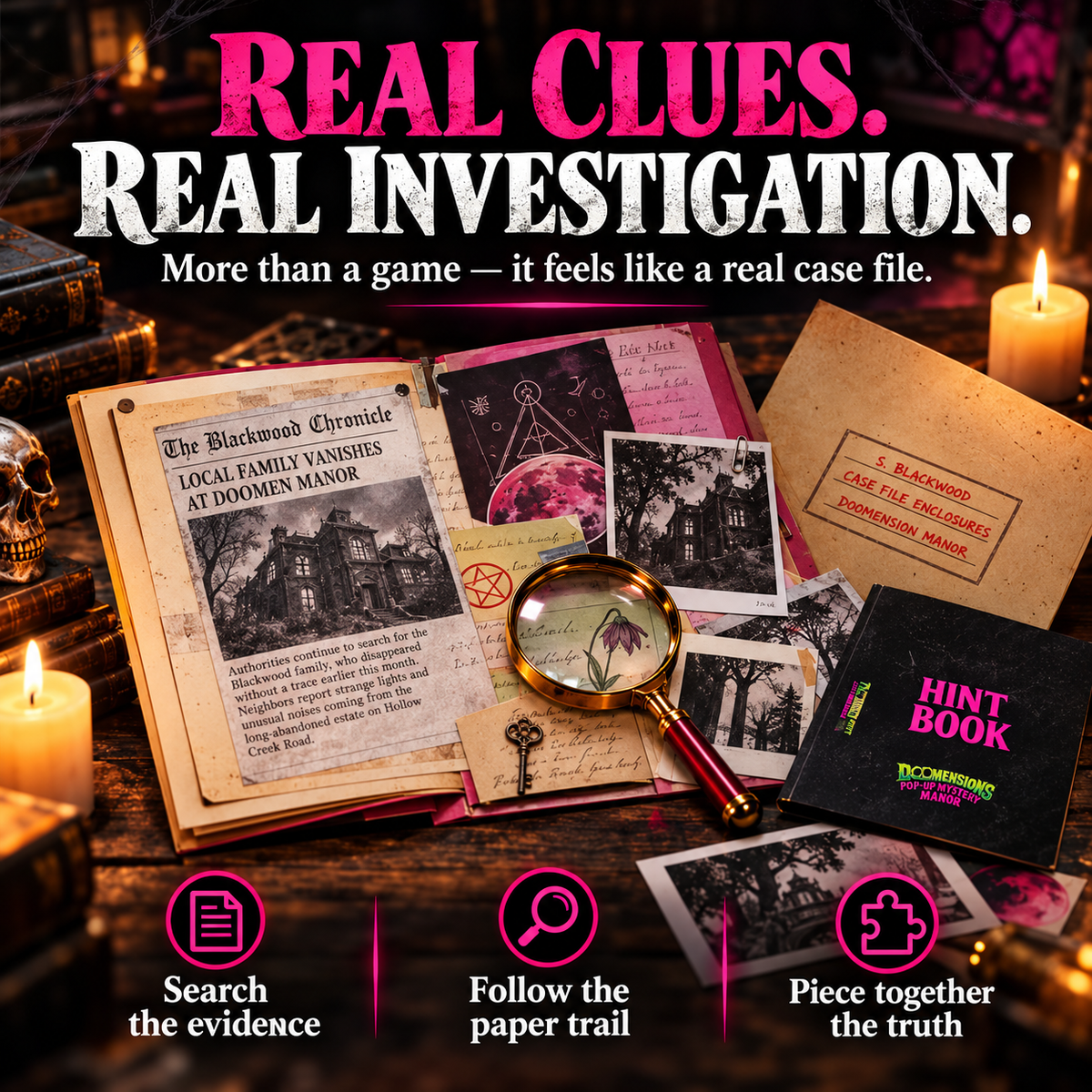 Story documents and evidence for the mystery investigation