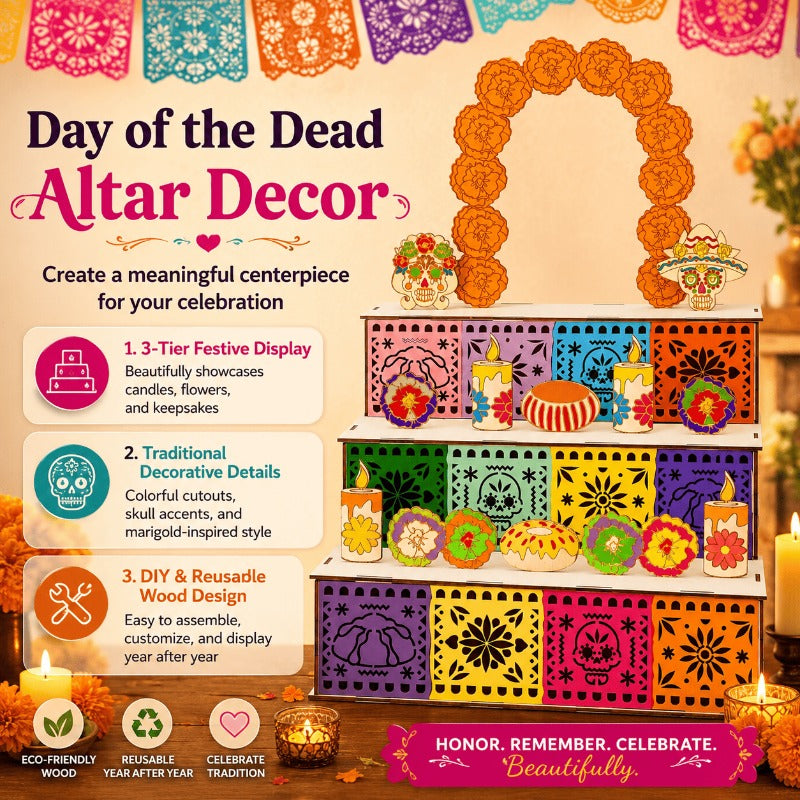 Colorful altar display arranged with symbolic wooden accents