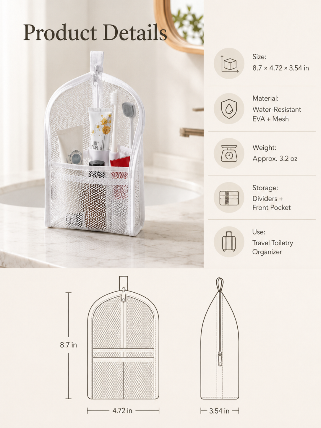 Self-standing toiletry pouch dimensions and product details