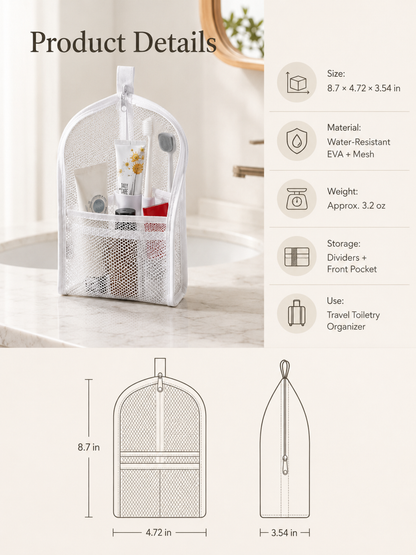 Self-standing toiletry pouch dimensions and product details