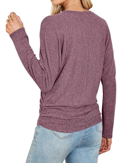 Womens Long Sleeve Shirts Ruched Hem Fall Tops Lightweight Sweaters