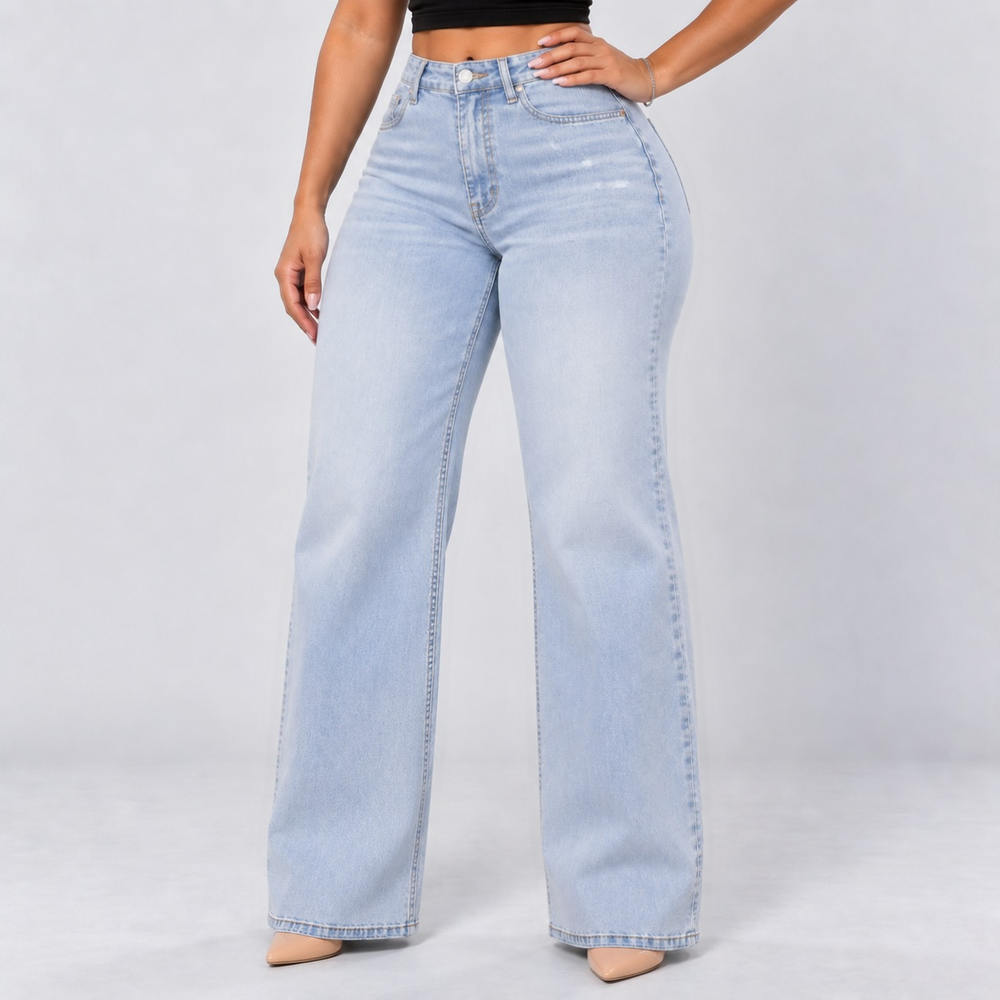 Light blue wide-leg jeans, front three-quarter view showing the waistband and relaxed legs