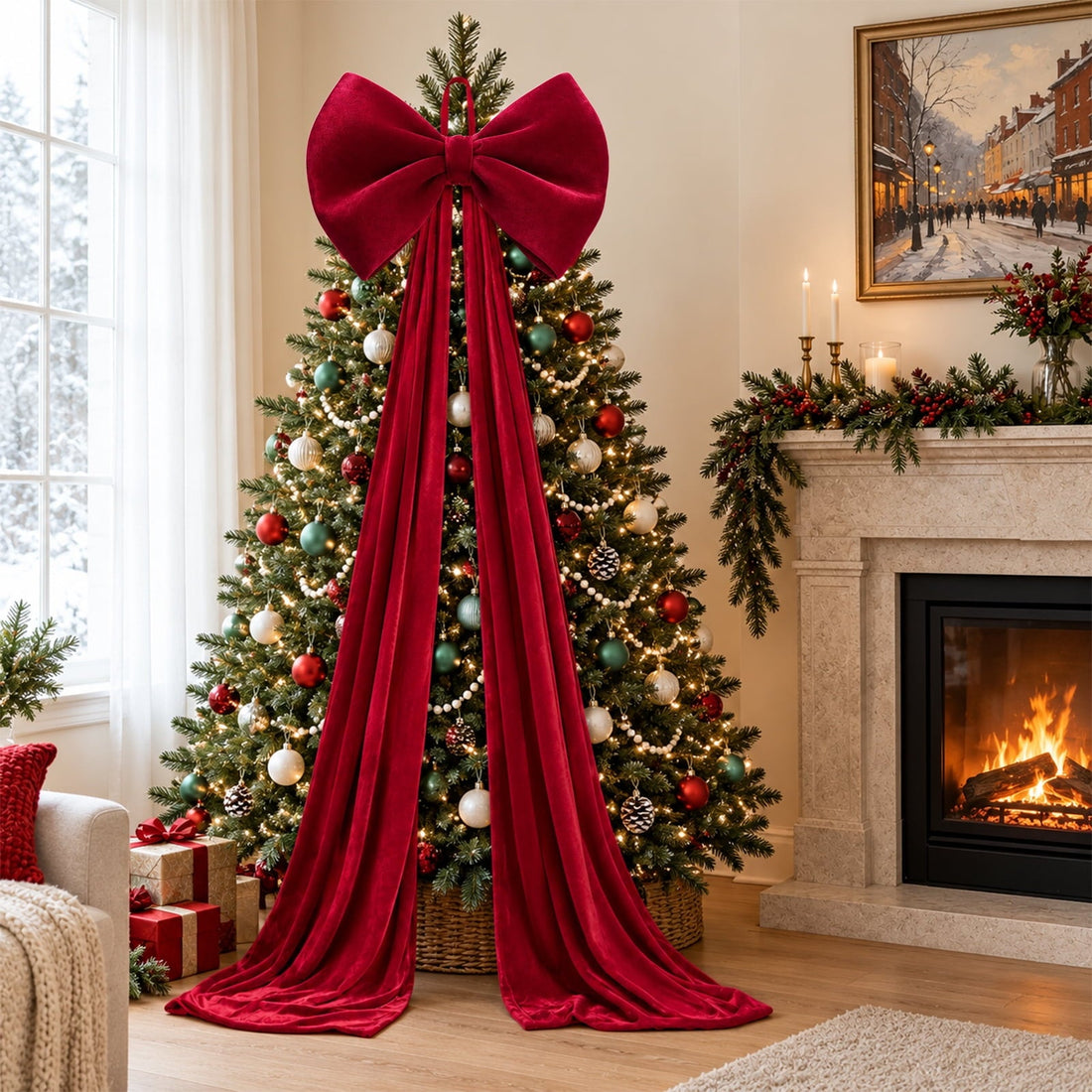 Deep burgundy velvet bow cascading to the floor from a decorated Christmas tree in a warm living room
