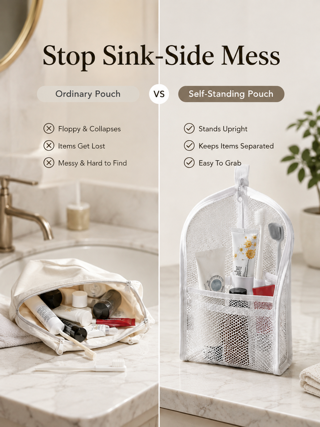 Collapsed toiletry bag compared with an upright organizer