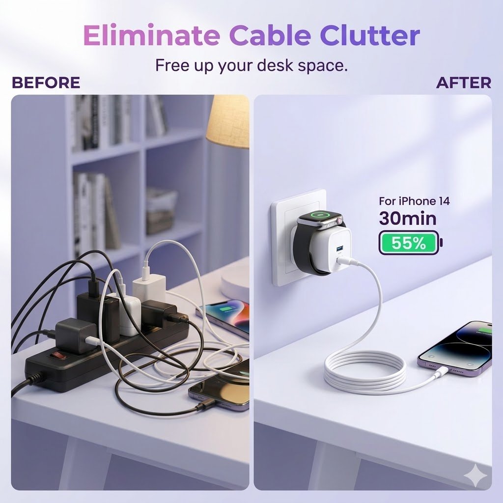 3-in-1 Magnetic Wireless Cordless PD USB-C Wall Charger Block - 20W Fast Charging