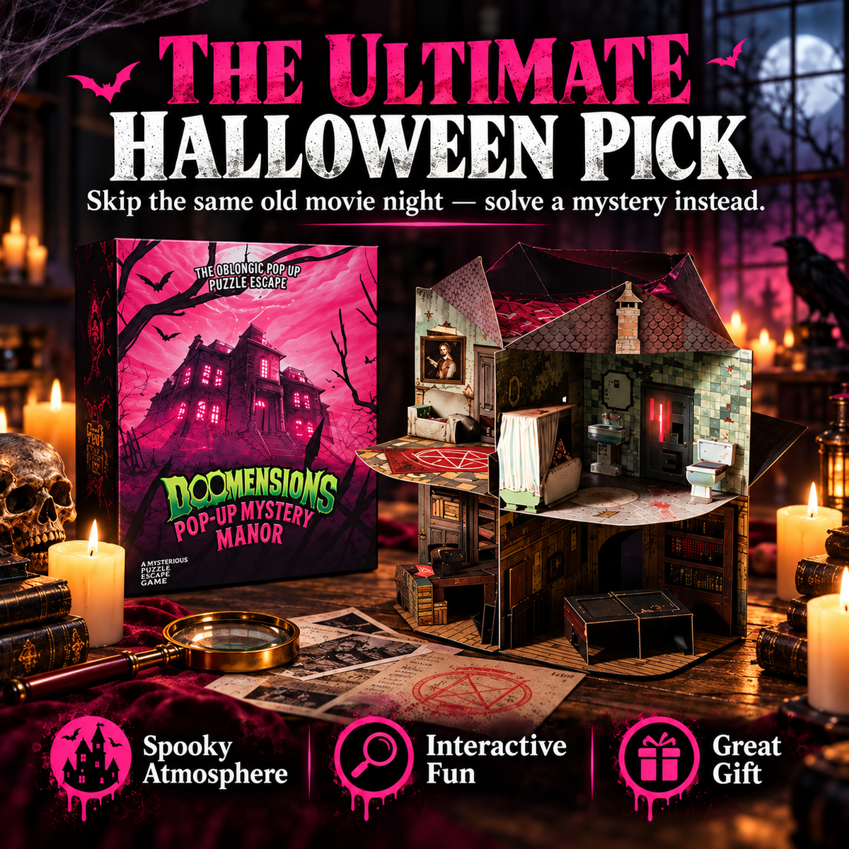 Halloween-themed product presentation of the mystery manor