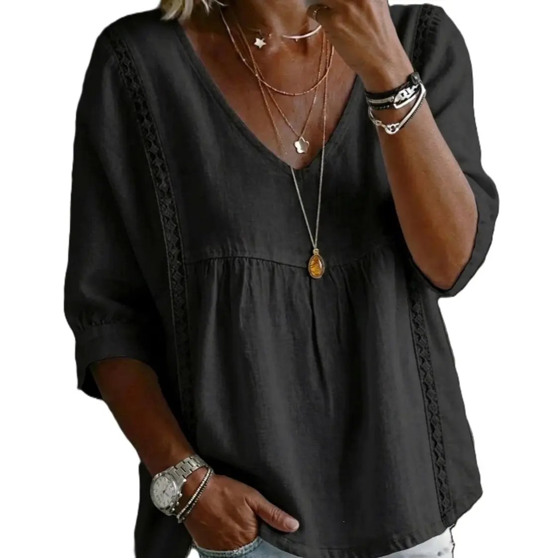Women's Chic Loose-Fit V-Neck Lace Blouse
