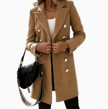 Women's Fitted Slim-Fit Long-Sleeve Double-Breasted Wool-Blend Midi Peacoat for Fall Winter💗