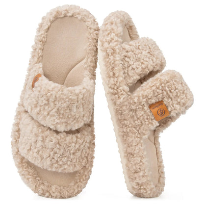 Women's Fuzzy Open-Toe Slippers – Stylish Classic Slides with Soft Memory Foam, Non-Slip Rubber Sole, Perfect Cozy Footwear ,Girl Fur Flipflop Walking Shoes Fluffy Modern Sleeper Slip On Clog