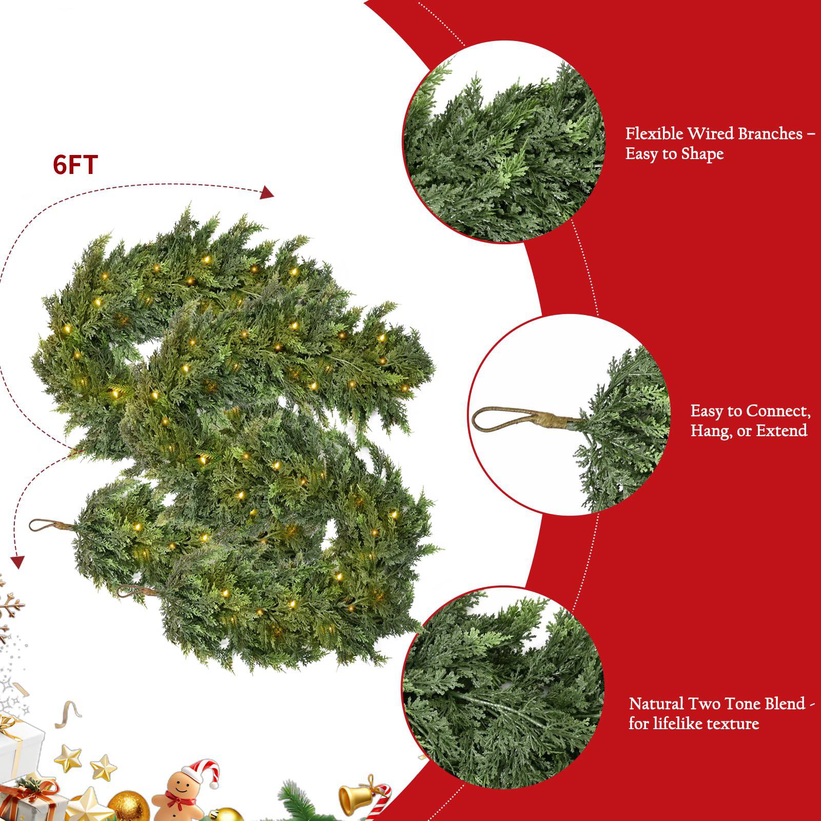 Six foot cedar garland with flexible wired branches