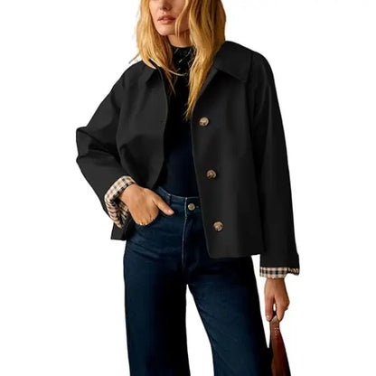 🧥 Classic Collar Cropped Jacket – Checkered Lining
