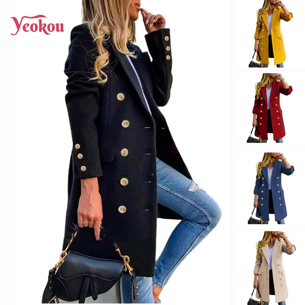 Women's Fitted Slim-Fit Long-Sleeve Double-Breasted Wool-Blend Midi Peacoat for Fall Winter💗