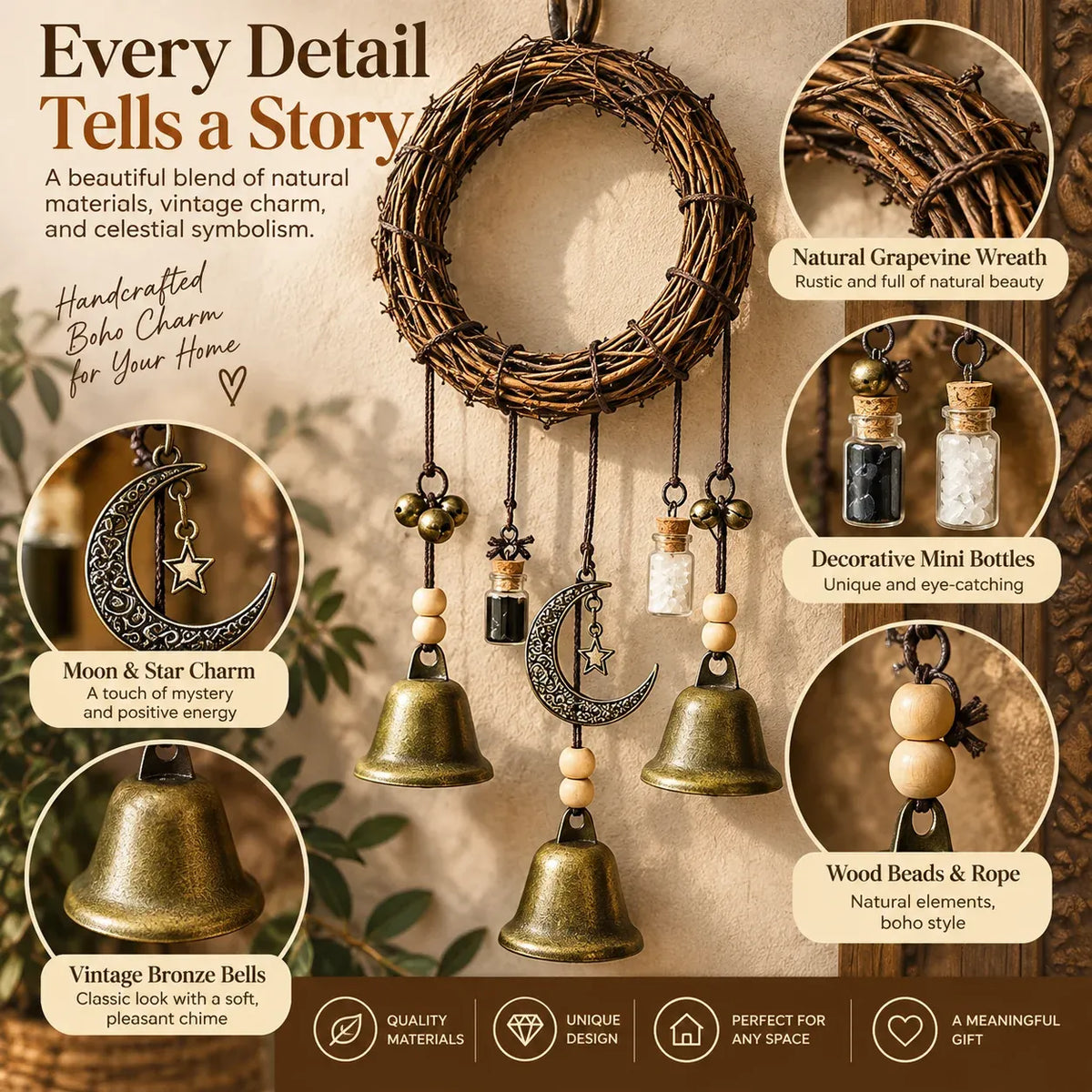 Boho Moon & Bell Hanging Decor – Rustic Bronze Wall & Door Charm