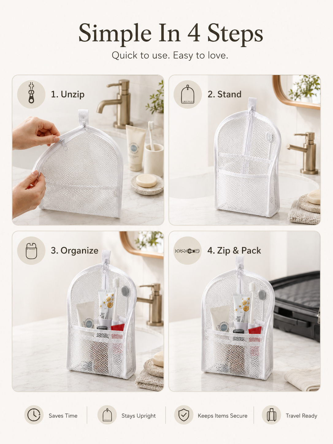 Four simple steps for using the self-standing toiletry pouch