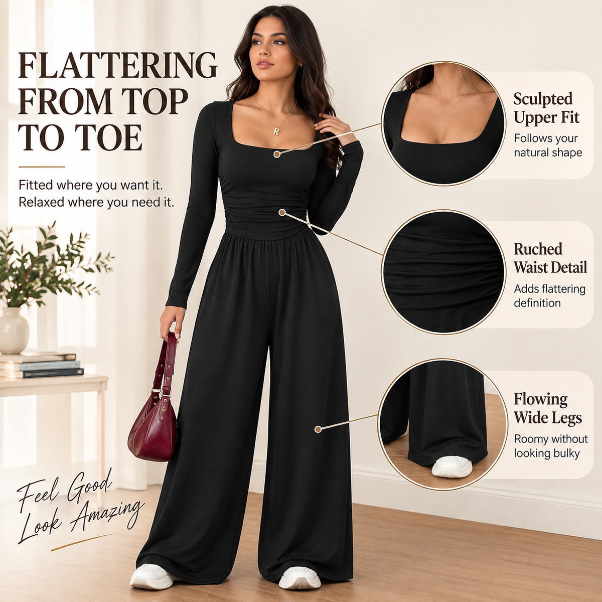 Women’s Long Sleeve Wide Leg Jumpsuit – Ruched Waist Casual One-Piece