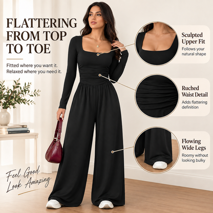 Women’s Long Sleeve Wide Leg Jumpsuit – Ruched Waist Casual One-Piece