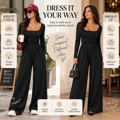 Women’s Long Sleeve Wide Leg Jumpsuit – Ruched Waist Casual One-Piece