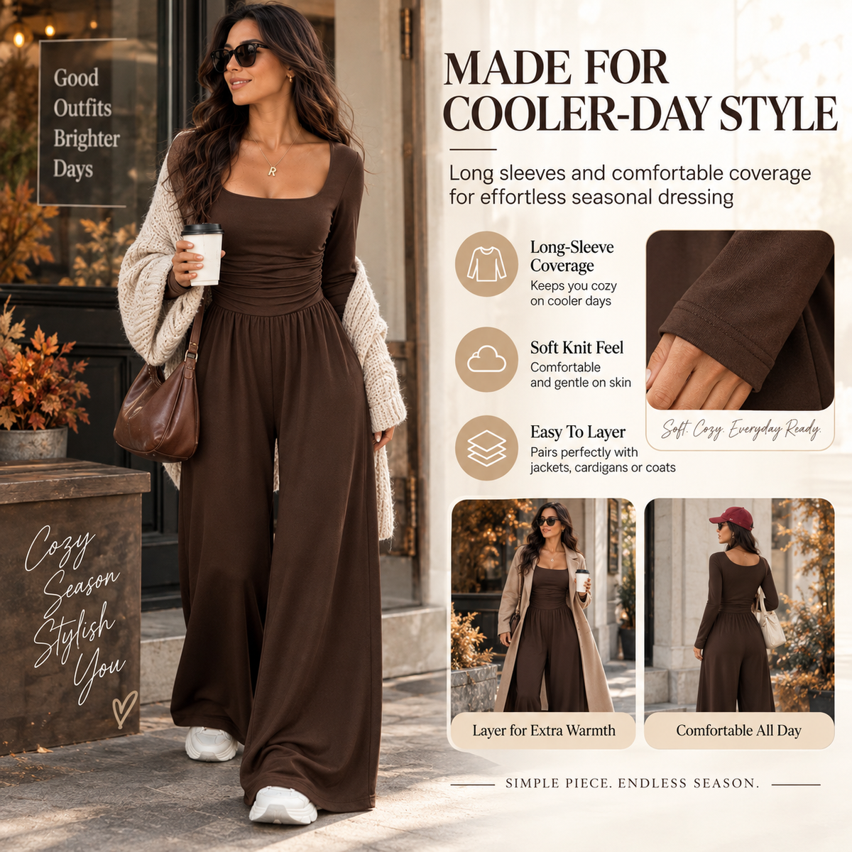 Women’s Long Sleeve Wide Leg Jumpsuit – Ruched Waist Casual One-Piece