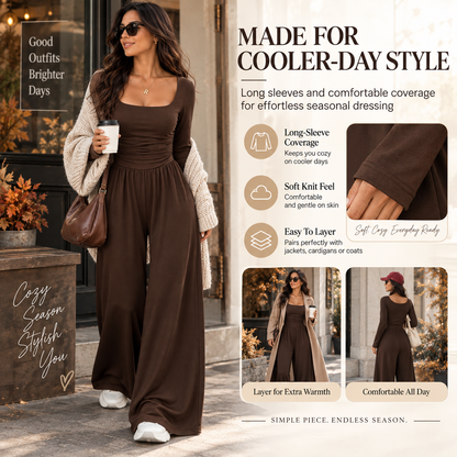 Women’s Long Sleeve Wide Leg Jumpsuit – Ruched Waist Casual One-Piece