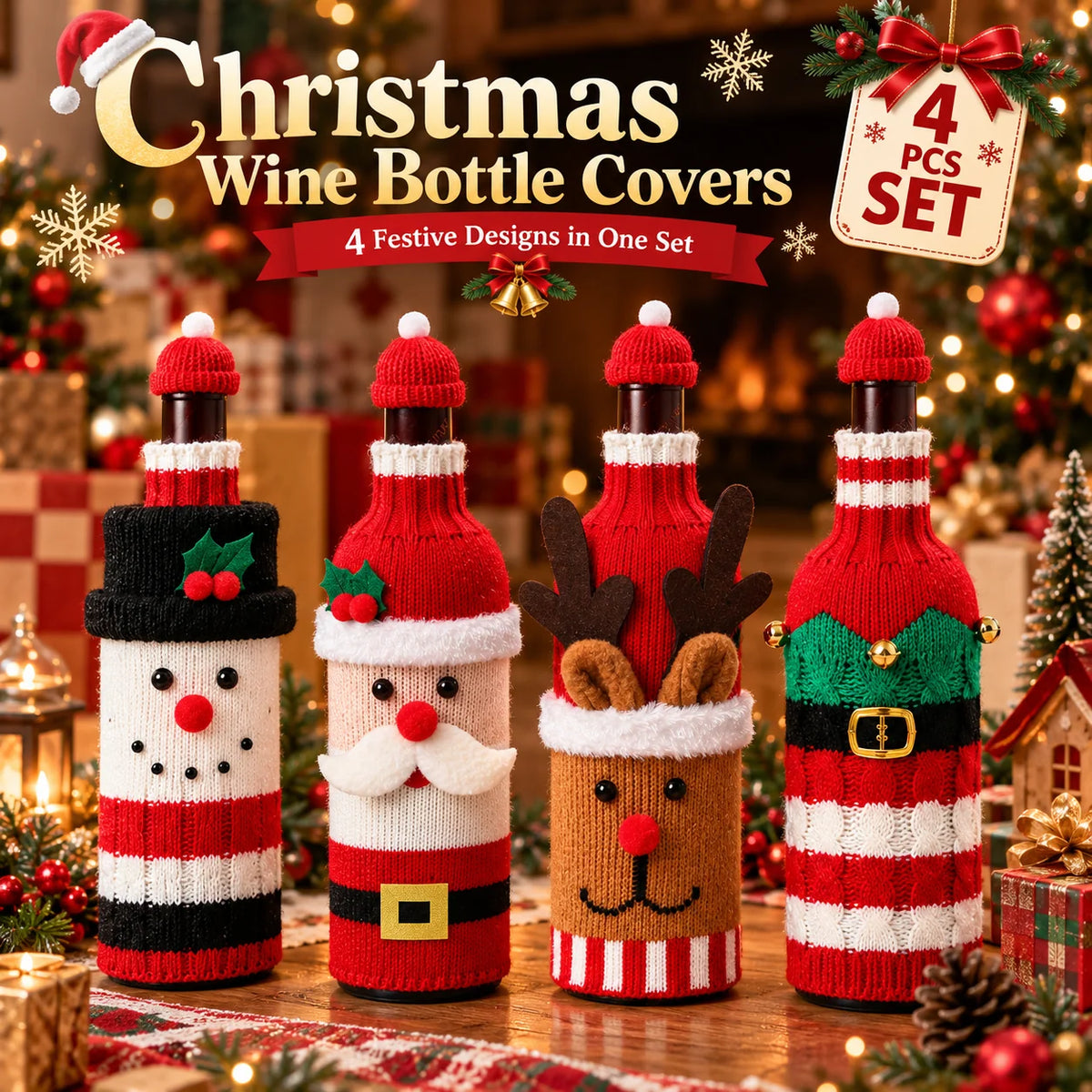 🎄 Holiday Wine Bottle Covers – Santa, Snowman, Reindeer & Elf
