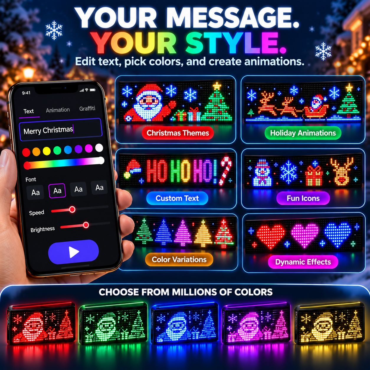 Smart LED pixel display text color and animation customization