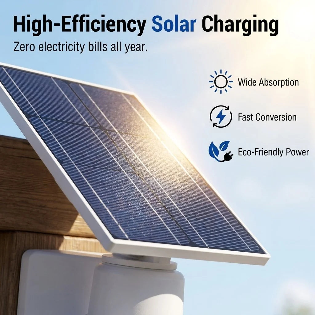 Close-up of the integrated solar panel used to charge the outdoor light