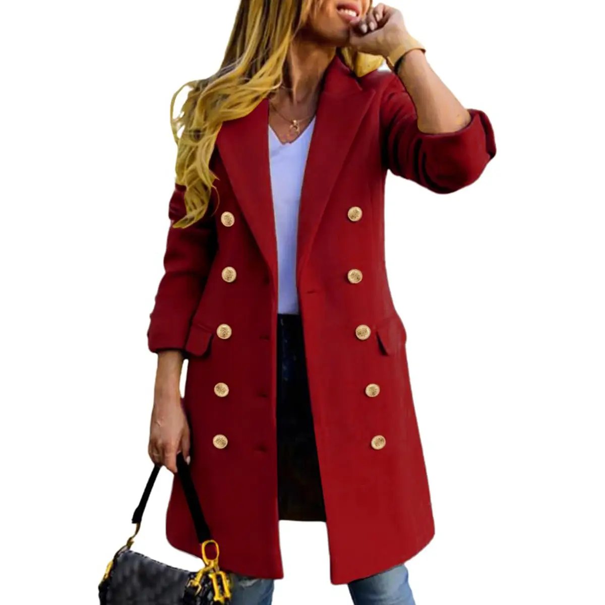 Women's Fitted Slim-Fit Long-Sleeve Double-Breasted Wool-Blend Midi Peacoat for Fall Winter💗
