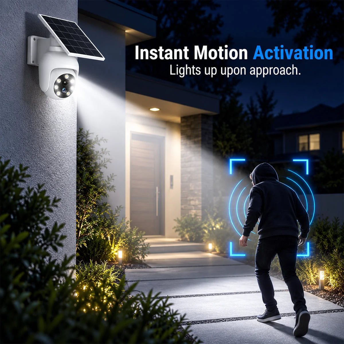 Motion-activated solar light illuminating a home entrance as a person approaches