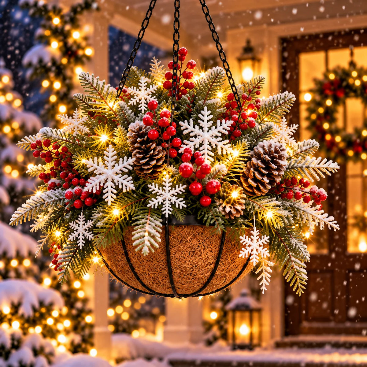🎄 Last Day 50% OFF 🏆 Pre-Lit Christmas Hanging Basket | Pre-lit, weather-resistant, and zero maintenance