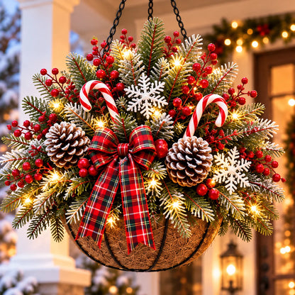 🎄 Last Day 50% OFF 🏆 Pre-Lit Christmas Hanging Basket | Pre-lit, weather-resistant, and zero maintenance