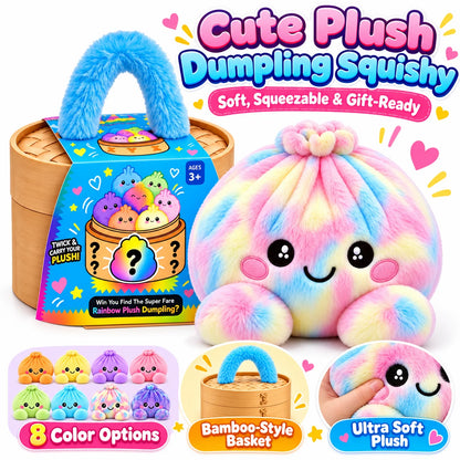 Rainbow Dumpling Plush Squishy with Bamboo-Style Steamer Basket – 8 Adorable Colors, Cute Stuffed Toy & Gift