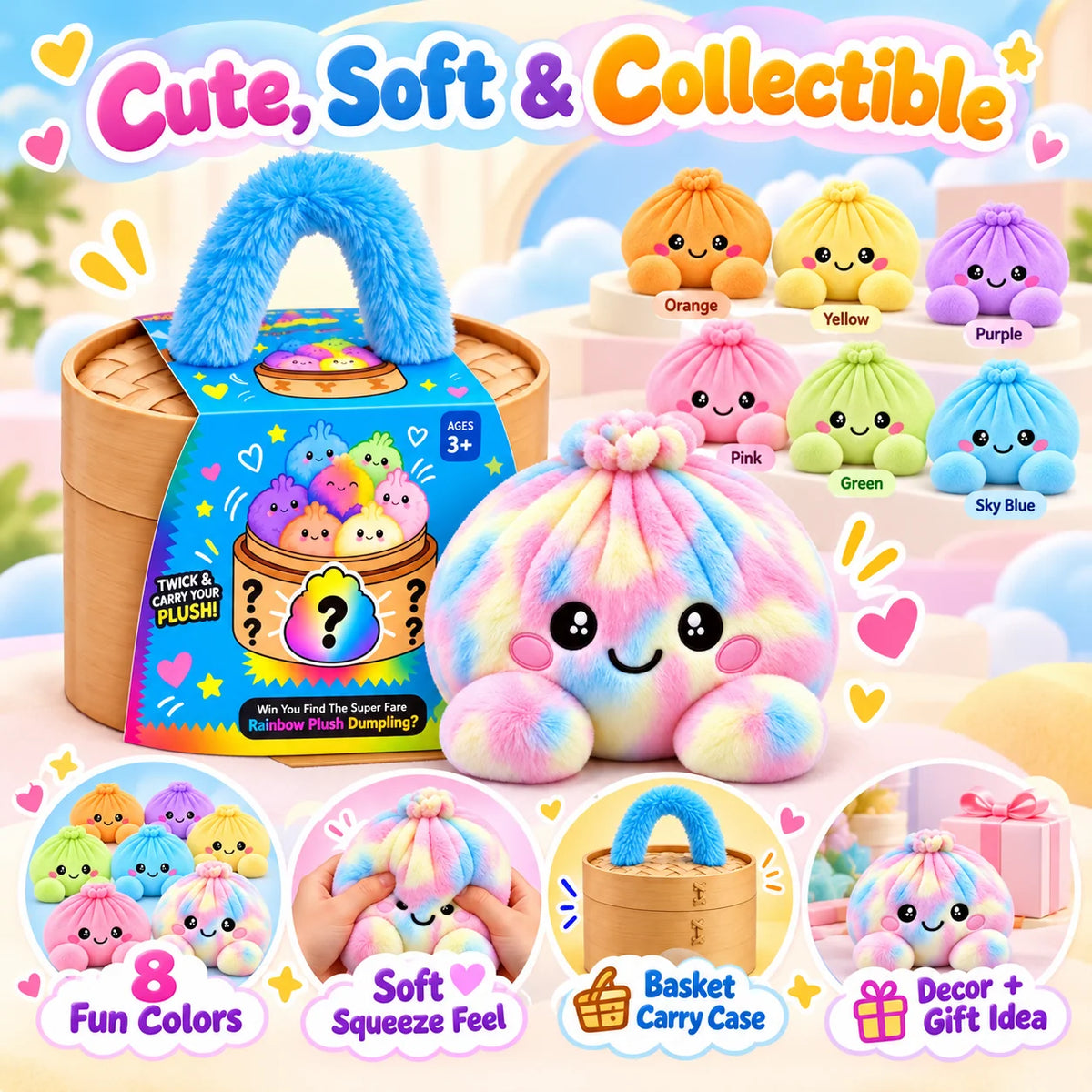 Rainbow Dumpling Plush Squishy with Bamboo-Style Steamer Basket – 8 Adorable Colors, Cute Stuffed Toy & Gift