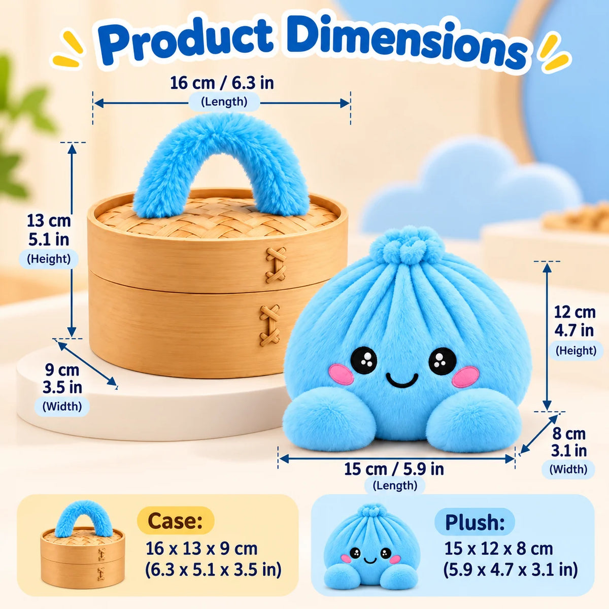 Rainbow Dumpling Plush Squishy with Bamboo-Style Steamer Basket – 8 Adorable Colors, Cute Stuffed Toy & Gift