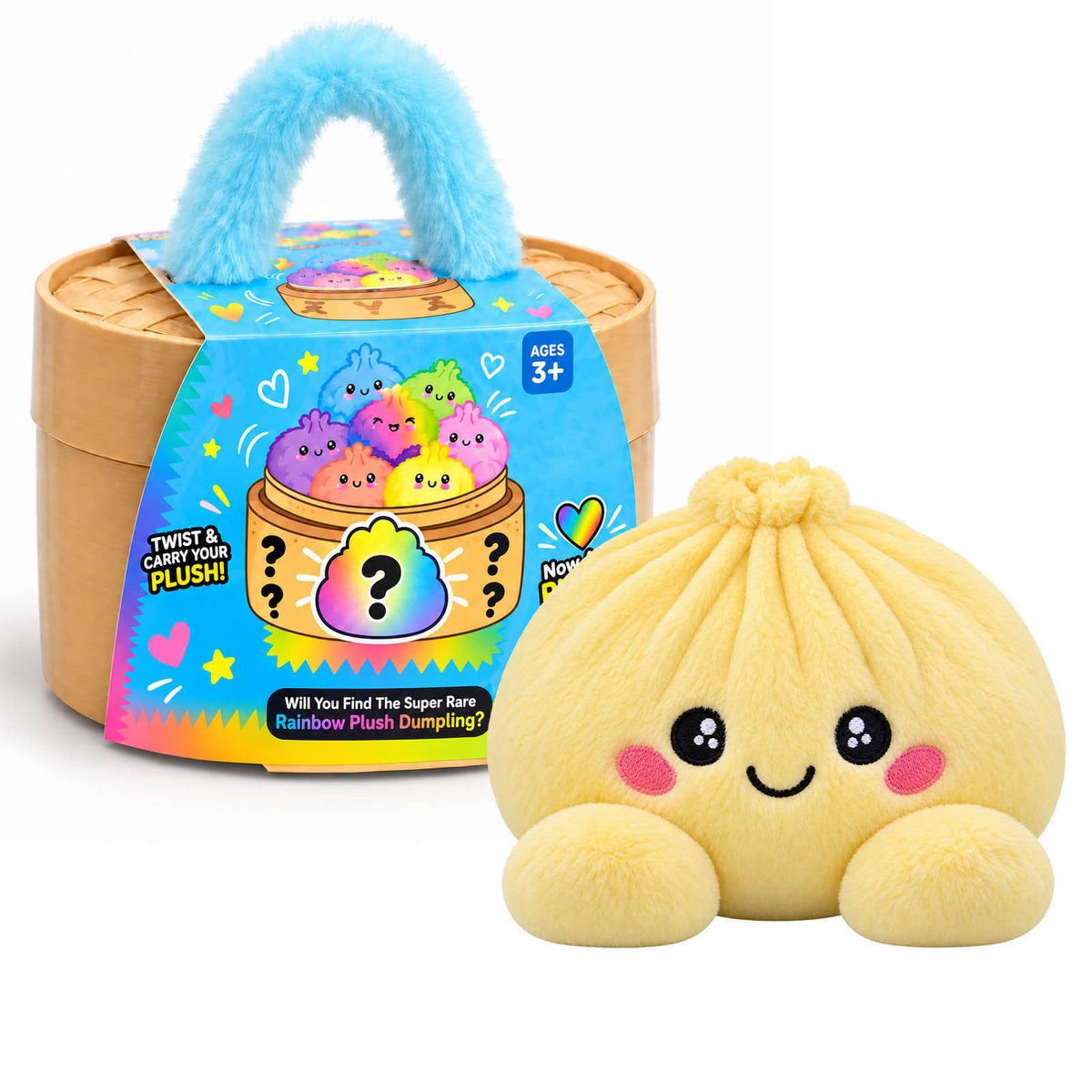 Rainbow Dumpling Plush Squishy with Bamboo-Style Steamer Basket – 8 Adorable Colors, Cute Stuffed Toy & Gift