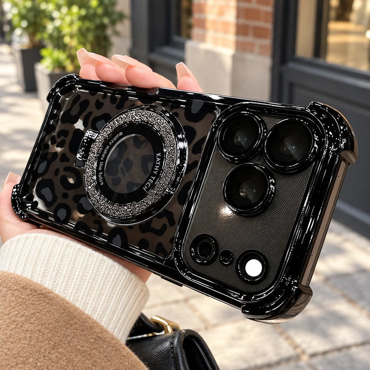 Black leopard phone case showing the glossy frame, corner coverage and glitter ring detail
