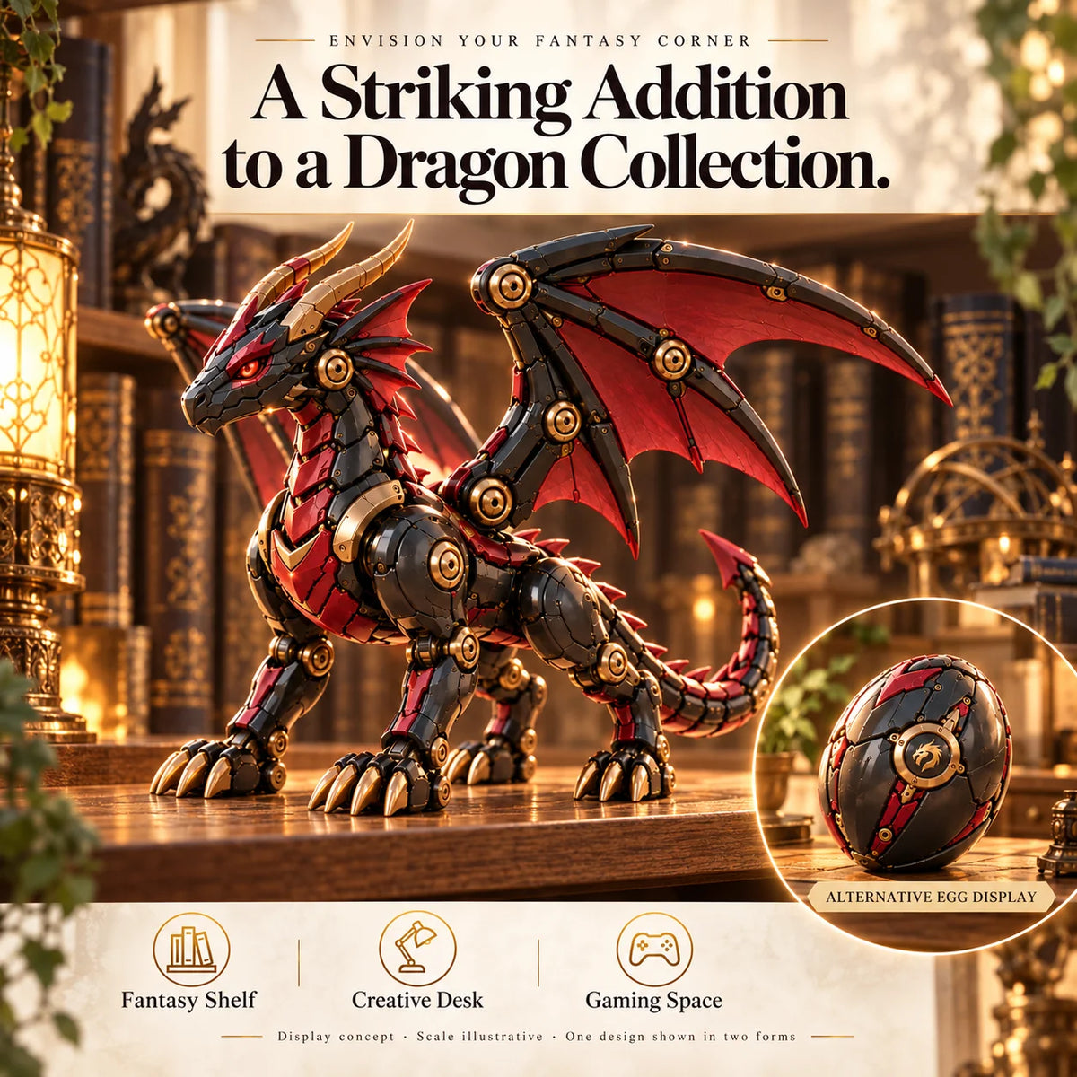 🔥last Day 70% Off -🐉 Mechanical Dragon Egg – Black & Crimson Dragon With Folding Wings & Armored Details