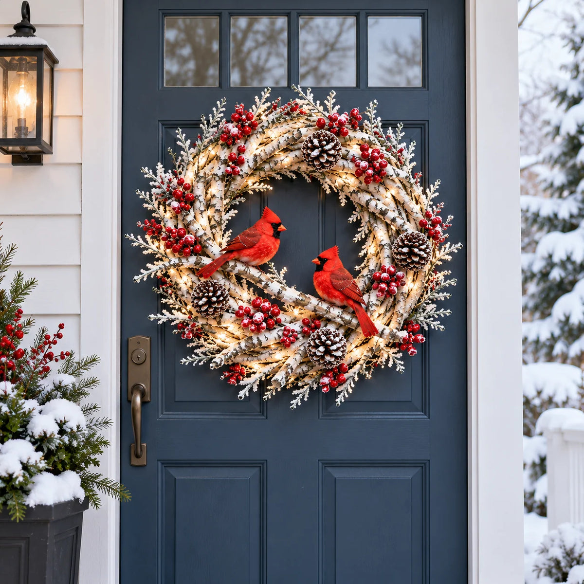 🔥 LAST DAY 49% OFF 🔥 Snowy Birch Cardinal Wreath™ – Lighted Christmas Door Wreath with Paired Red Cardinals, Berries & Pinecones ❤️🎄✨