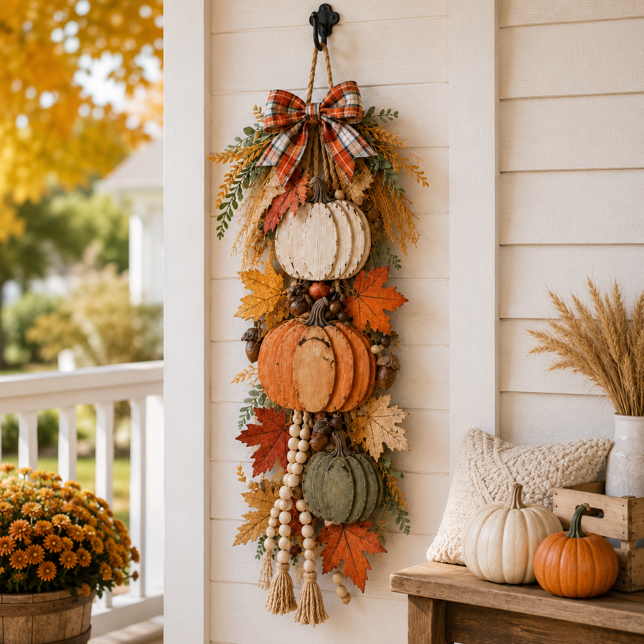 🏡🎃Rustic Wooden Pumpkin Door Hanging with Warm LED Lights