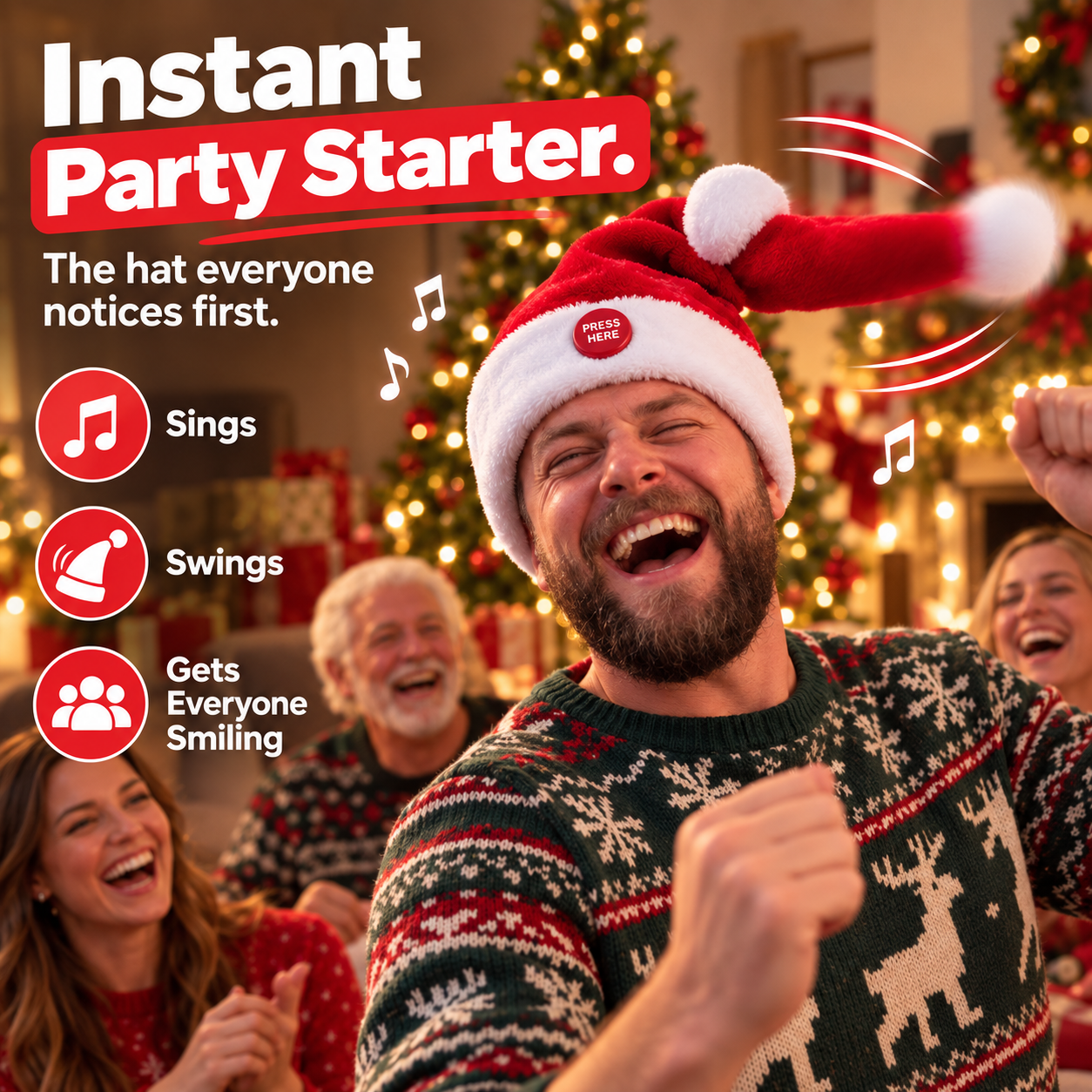 Man laughing while wearing the dancing Santa hat at a Christmas party