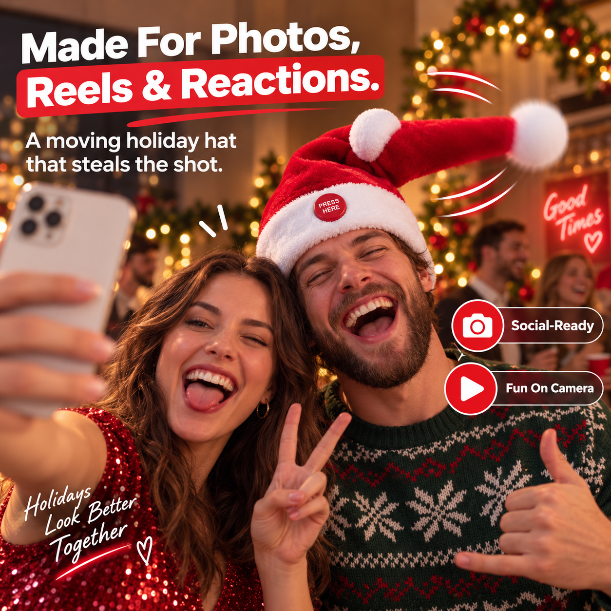 Couple taking a Christmas selfie with the animated Santa hat