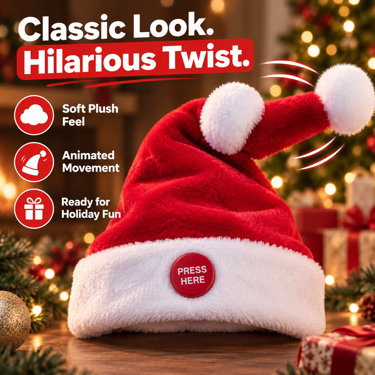 Red and white Santa hat with front activation button