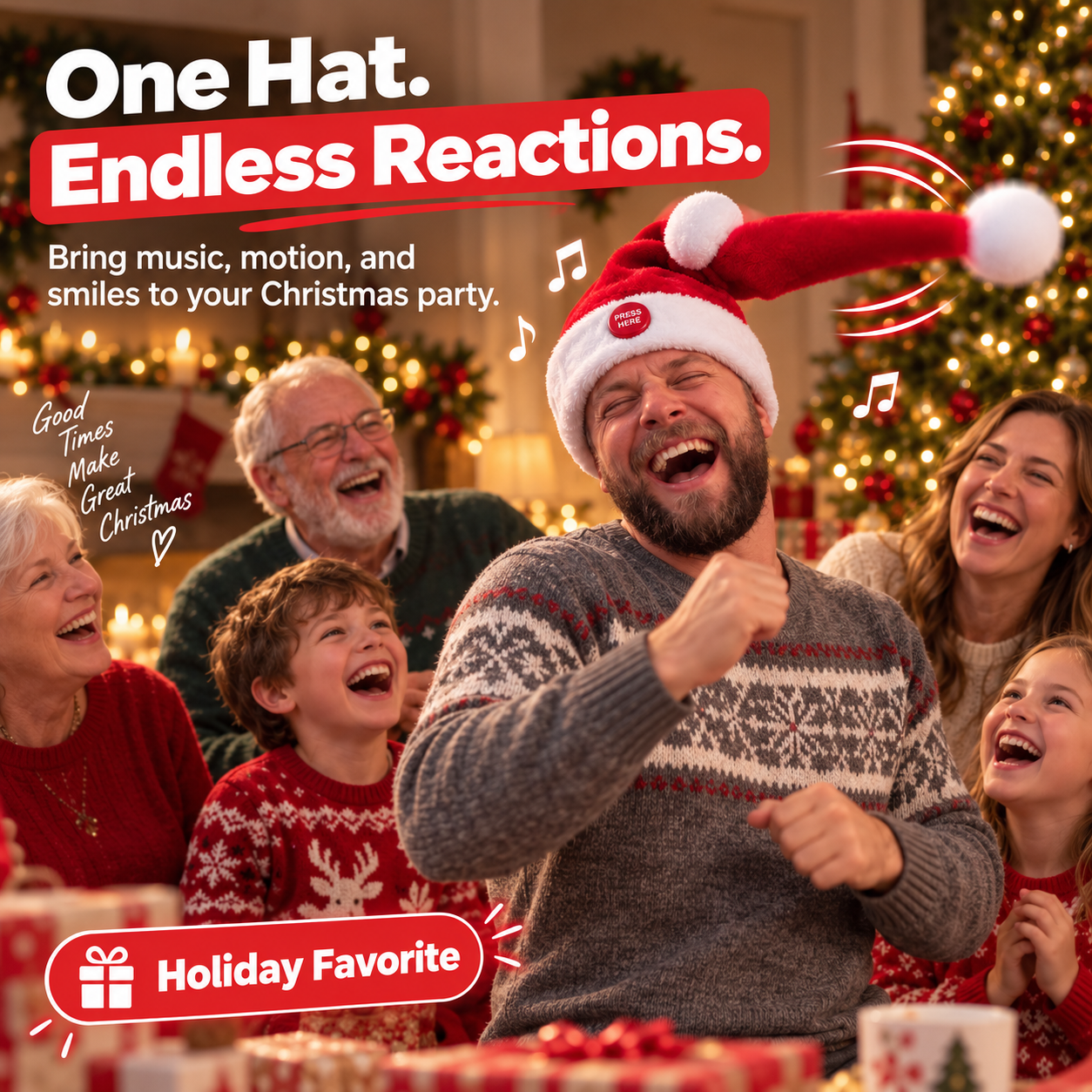 Family laughing as the animated Santa hat swings at a Christmas gathering