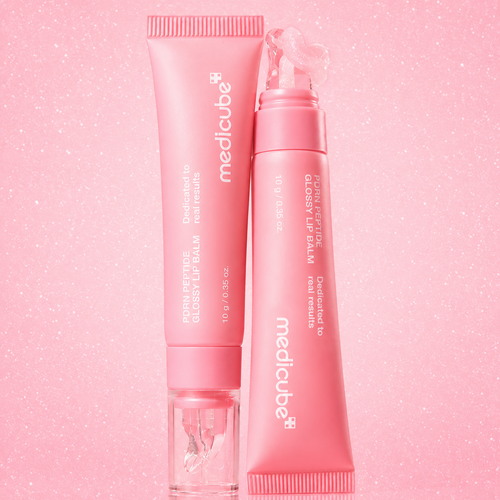 Medicube PDRN Peptide Glossy Lip Balm pink tube with glossy pink texture